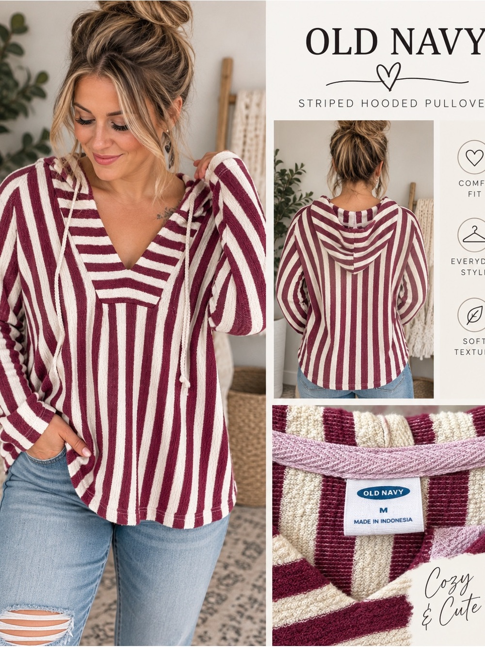 Old Navy Striped Hooded Pullover Size Medium